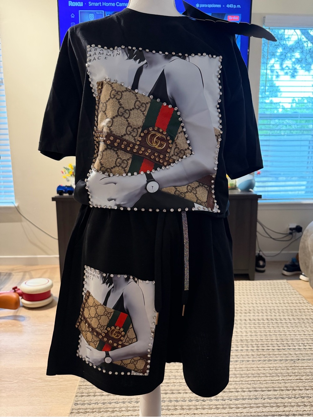 Set of shorts and elegant black shirt for women GIGI and rhinestones